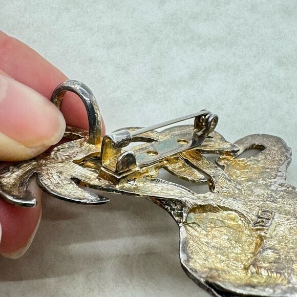 Vintage MJ Brooch Pendant Elephant Giraffe Palm Trees Gold Silver Tone Signed - Picture 7 of 10